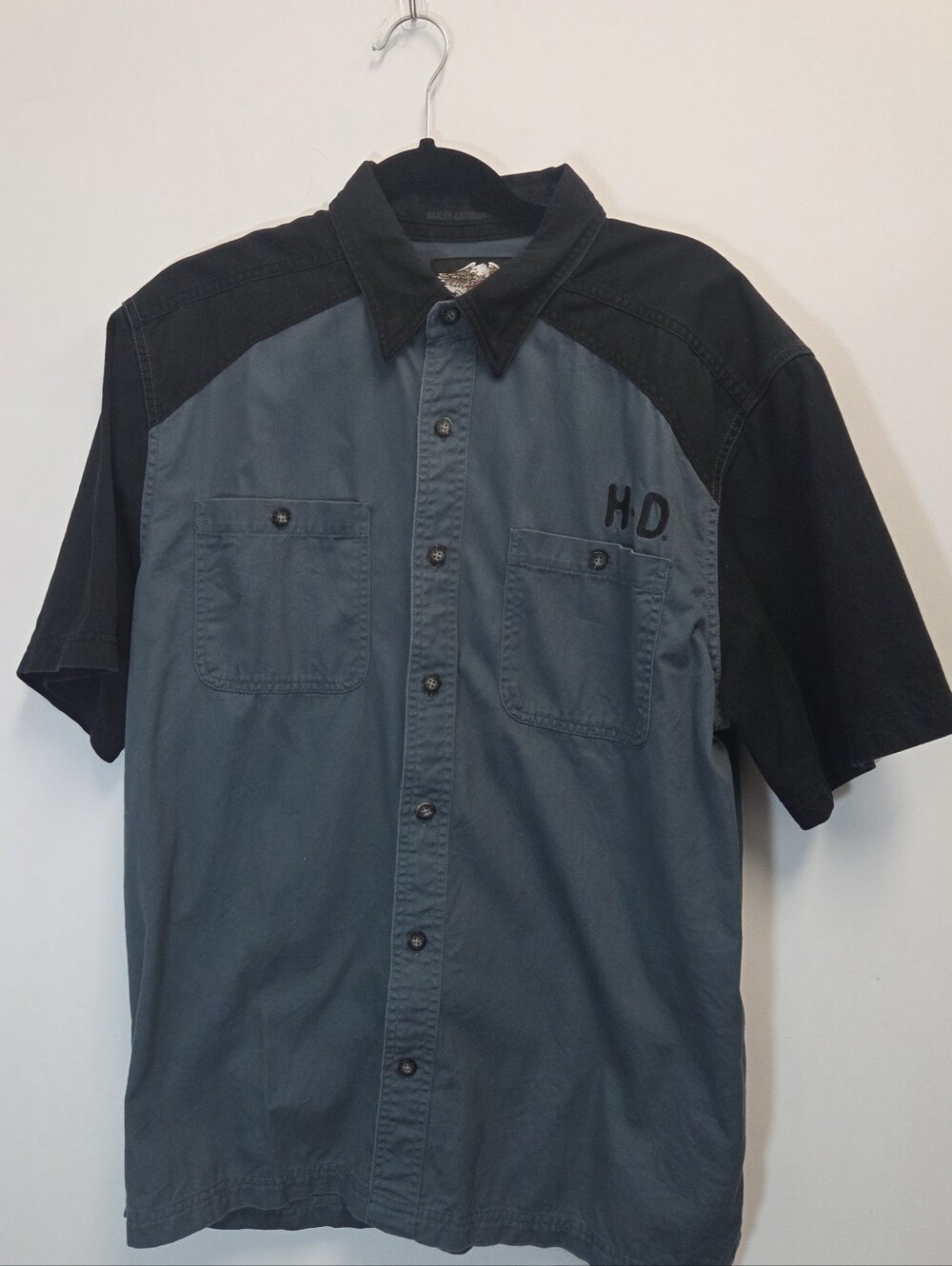 Vintage Y2K Harley Davidson Work Shirt - Motorcycle Logo Shirt Blue/Black Large